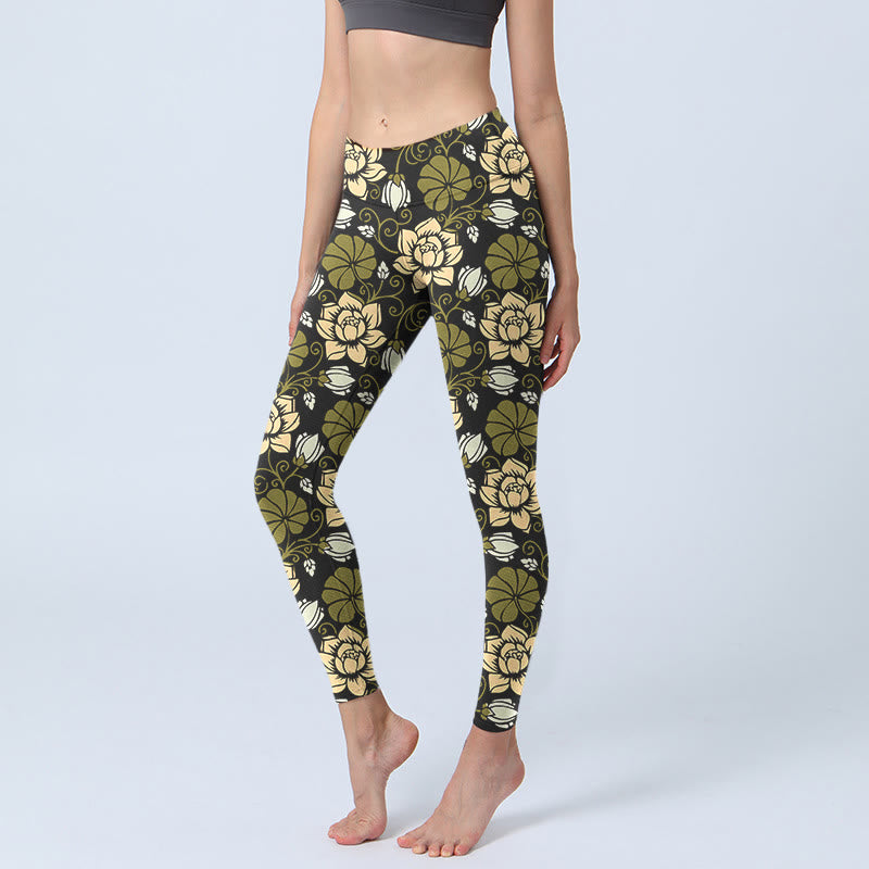 Leggings de yoga para mujer con estampado de Buddha Stones , flores amarillas y hojas verdes - Caqui oscuro - US18，UK/AU22，EU50 (4XL) - image 0