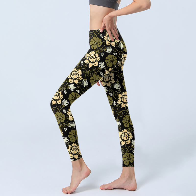Leggings de yoga para mujer con estampado de Buddha Stones , flores amarillas y hojas verdes - image 3