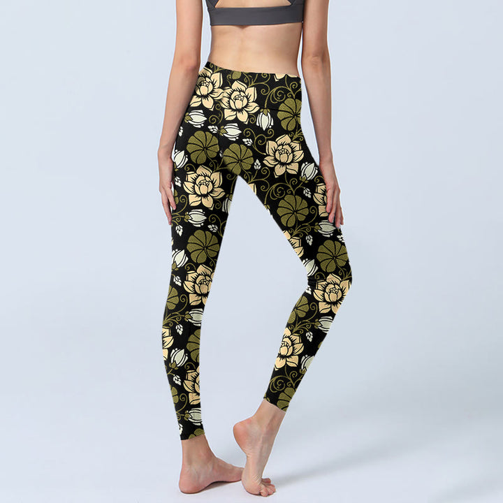 Leggings de yoga para mujer con estampado de Buddha Stones , flores amarillas y hojas verdes - image 4