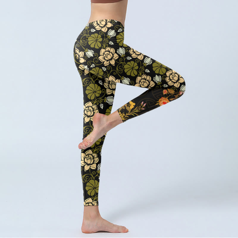 Leggings de yoga para mujer con estampado de Buddha Stones , flores amarillas y hojas verdes - image 4