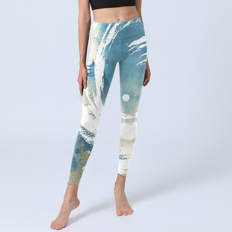 Leggings deportivos de fitness con estampado de grafiti de ondas en azul, blanco y beige con Buddha Stones para mujer - image 6