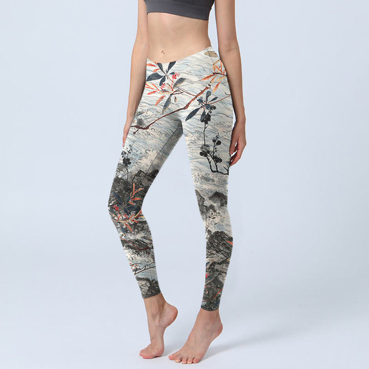 Leggings de yoga para mujer con estampado de Buddha Stones, olas, rocas y árboles - Beige - US18，UK/AU22，EU50 (4XL) - image 0