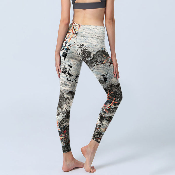 Leggings de yoga para mujer con estampado de Buddha Stones, olas, rocas y árboles - image 4