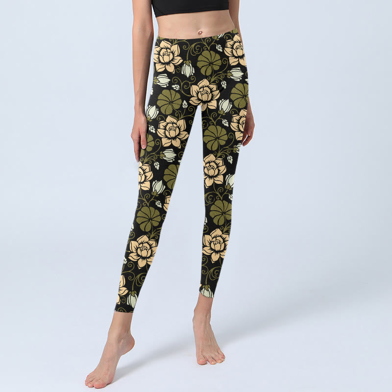 Leggings de yoga para mujer con estampado de Buddha Stones , flores amarillas y hojas verdes - image 6