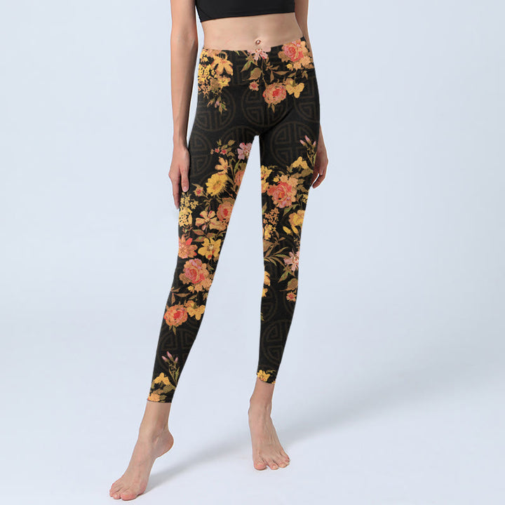 Leggings de yoga para mujer con estampado de Buddha Stones, flores amarillas, rosas y hojas verdes. - image 6