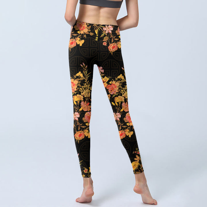 Leggings de yoga para mujer con estampado de Buddha Stones, flores amarillas, rosas y hojas verdes. - image 7