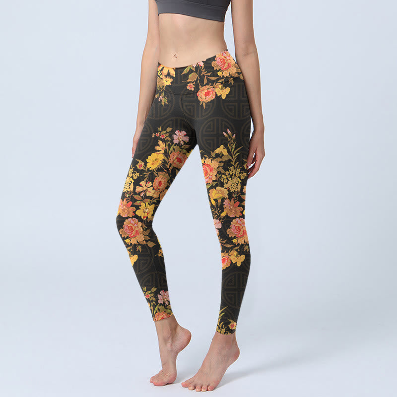 Leggings de yoga para mujer con estampado de Buddha Stones, flores amarillas, rosas y hojas verdes. - Negro - US18，UK/AU22，EU50 (4XL) - image 0