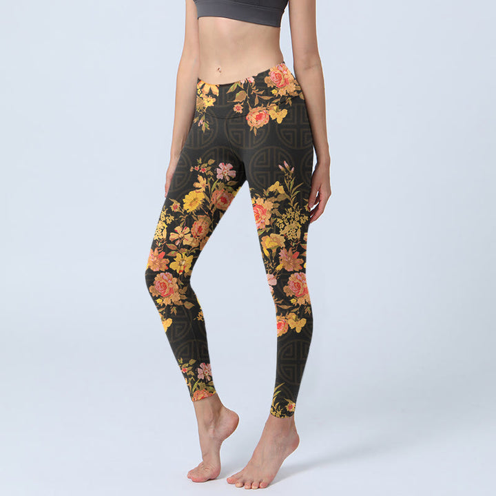 Leggings de yoga para mujer con estampado de Buddha Stones, flores amarillas, rosas y hojas verdes. - Negro - US18，UK/AU22，EU50 (4XL) - image 0