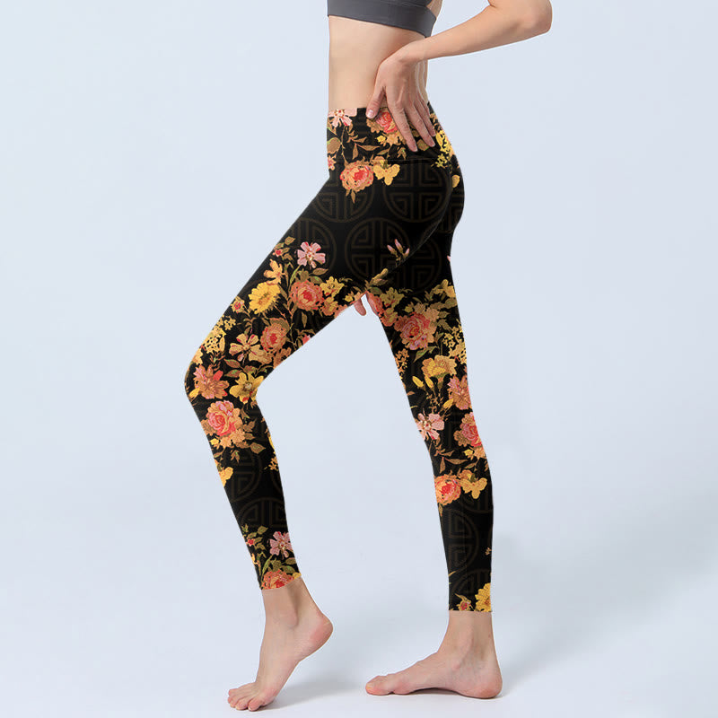 Leggings de yoga para mujer con estampado de Buddha Stones, flores amarillas, rosas y hojas verdes. - image 3
