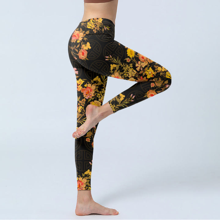 Leggings de yoga para mujer con estampado de Buddha Stones, flores amarillas, rosas y hojas verdes. - image 4