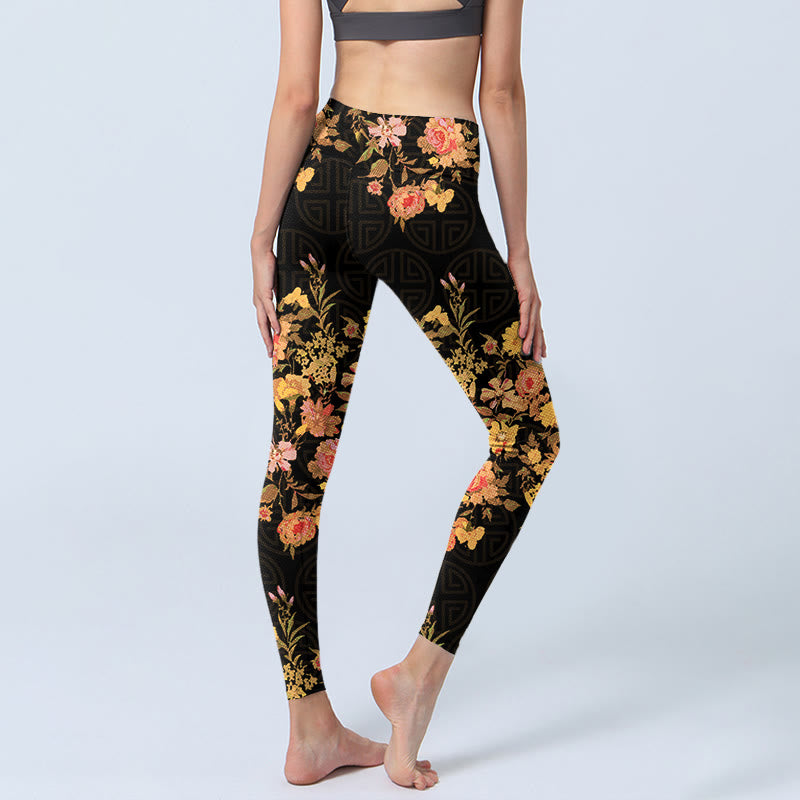 Leggings de yoga para mujer con estampado de Buddha Stones, flores amarillas, rosas y hojas verdes. - image 5