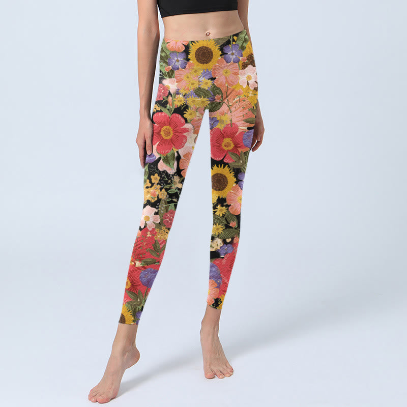 Leggings deportivos de fitness con estampado de girasoles , Buddha Stones y flores rosas y moradas para mujer. - image 5