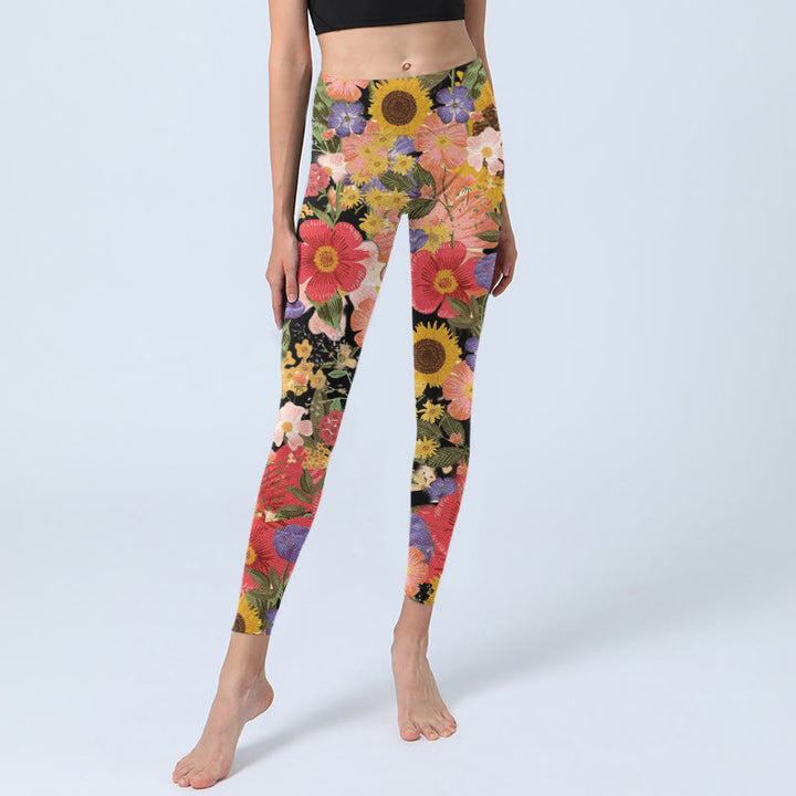 Leggings deportivos de fitness con estampado de girasoles , Buddha Stones y flores rosas y moradas para mujer. - image 5