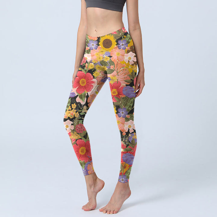 Leggings deportivos de fitness con estampado de girasoles , Buddha Stones y flores rosas y moradas para mujer. - Negro - US18，UK/AU22，EU50 (4XL) - image 0