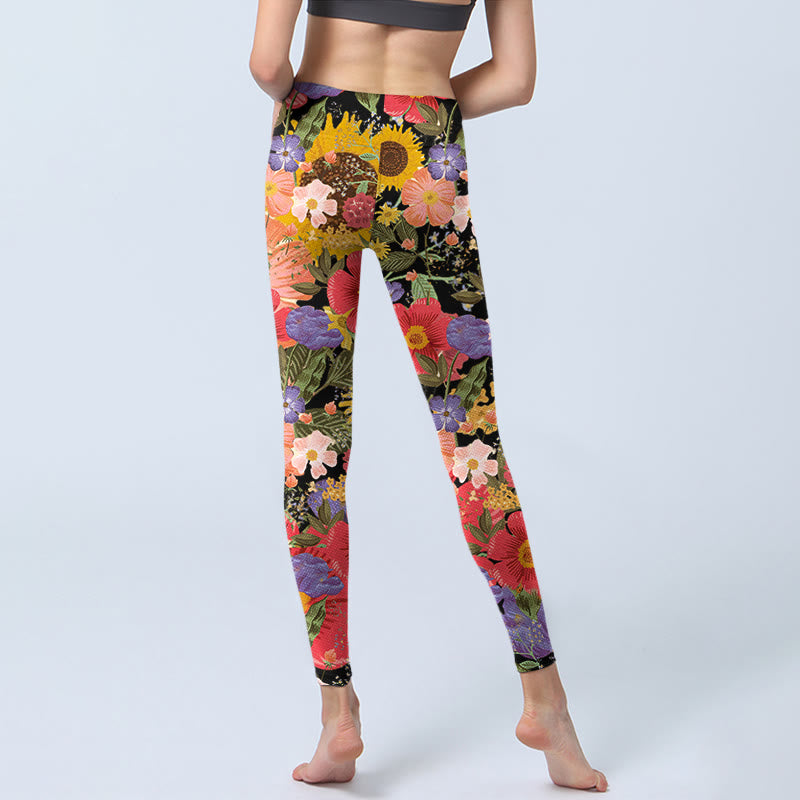 Leggings deportivos de fitness con estampado de girasoles , Buddha Stones y flores rosas y moradas para mujer. - image 6