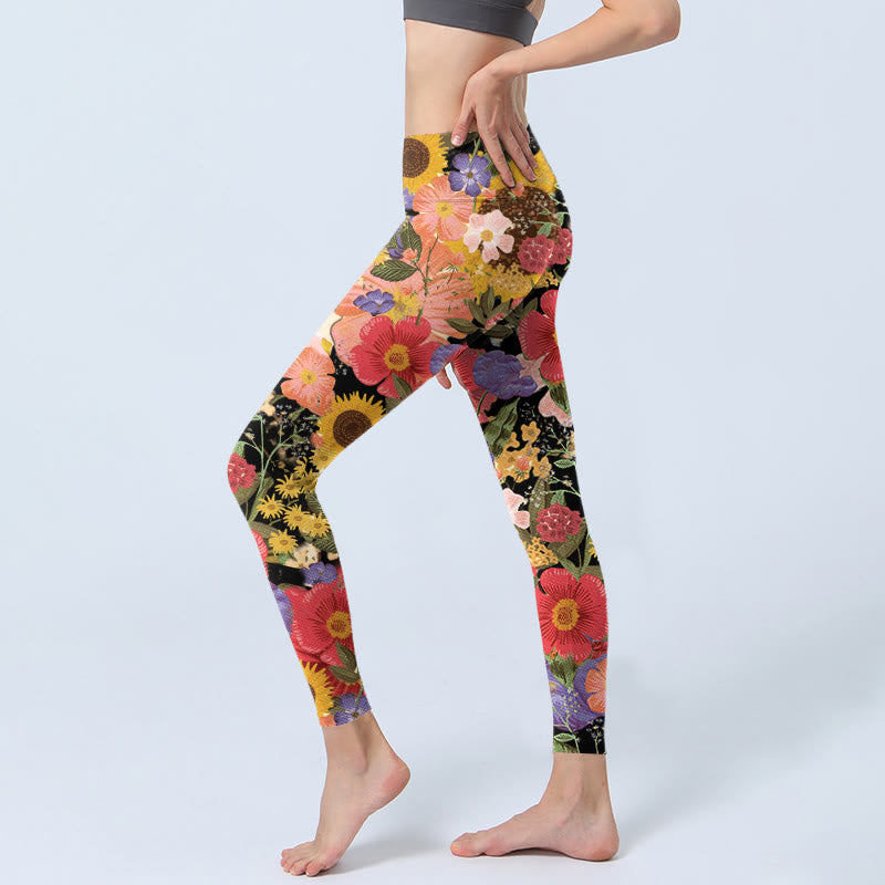 Leggings deportivos de fitness con estampado de girasoles , Buddha Stones y flores rosas y moradas para mujer. - image 3