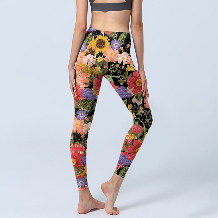 Leggings deportivos de fitness con estampado de girasoles , Buddha Stones y flores rosas y moradas para mujer. - image 4