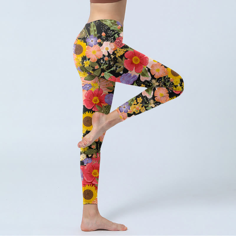 Leggings deportivos de fitness con estampado de girasoles , Buddha Stones y flores rosas y moradas para mujer. - image 4