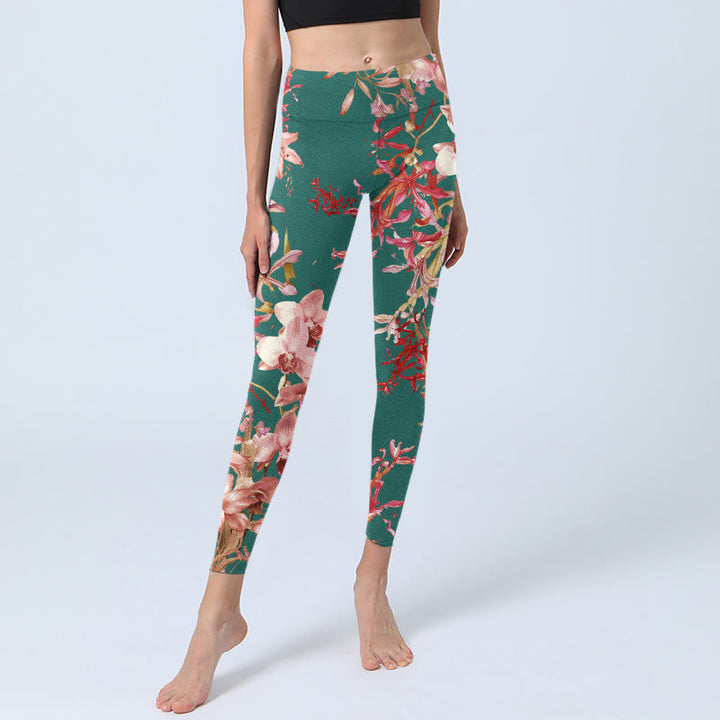 Leggings de yoga para mujer con estampado de flores verdes y rosas y Buddha Stones - image 6