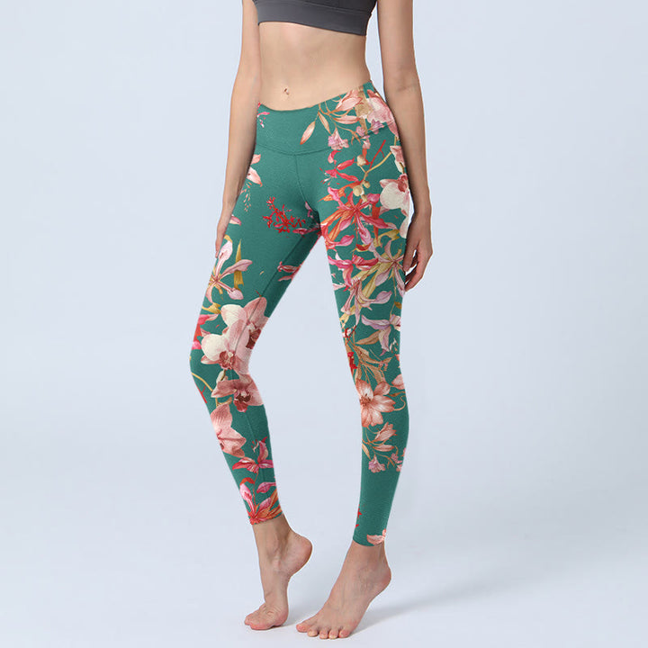 Leggings de yoga para mujer con estampado de flores verdes y rosas y Buddha Stones - Aguamarina mediana - US18，UK/AU22，EU50 (4XL) - image 1