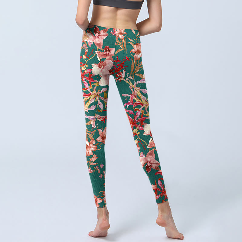 Leggings de yoga para mujer con estampado de flores verdes y rosas y Buddha Stones - image 7