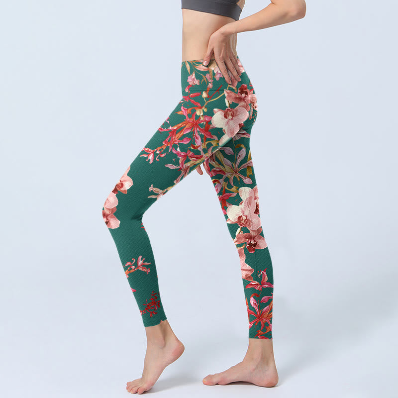 Leggings de yoga para mujer con estampado de flores verdes y rosas y Buddha Stones - image 3