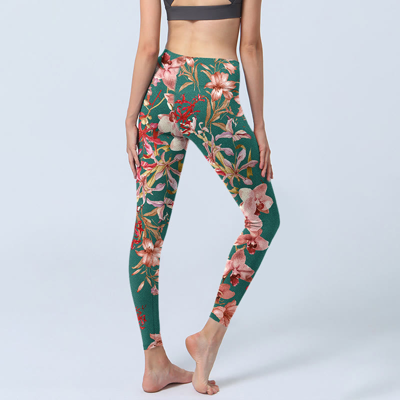 Leggings de yoga para mujer con estampado de flores verdes y rosas y Buddha Stones - image 4