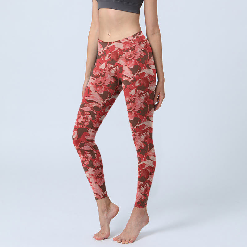 Leggings deportivos de fitness con estampado de flores rojas y Buddha Stones para mujer - Salmón - US18，UK/AU22，EU50 (4XL) - image 1