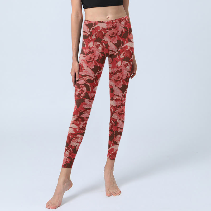 Leggings deportivos de fitness con estampado de flores rojas y Buddha Stones para mujer - image 5