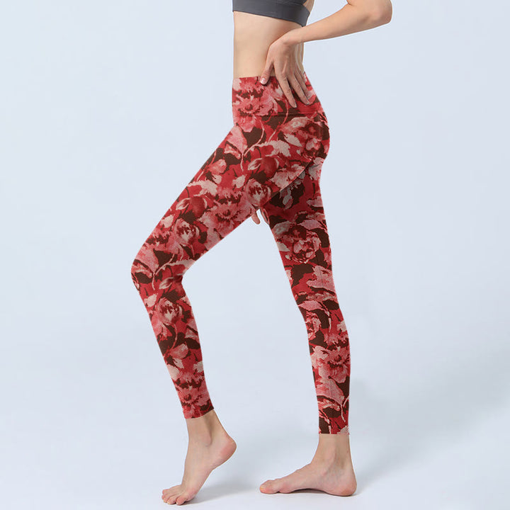 Leggings deportivos de fitness con estampado de flores rojas y Buddha Stones para mujer - image 3