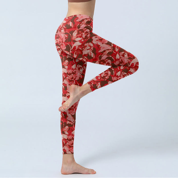 Leggings deportivos de fitness con estampado de flores rojas y Buddha Stones para mujer - image 3