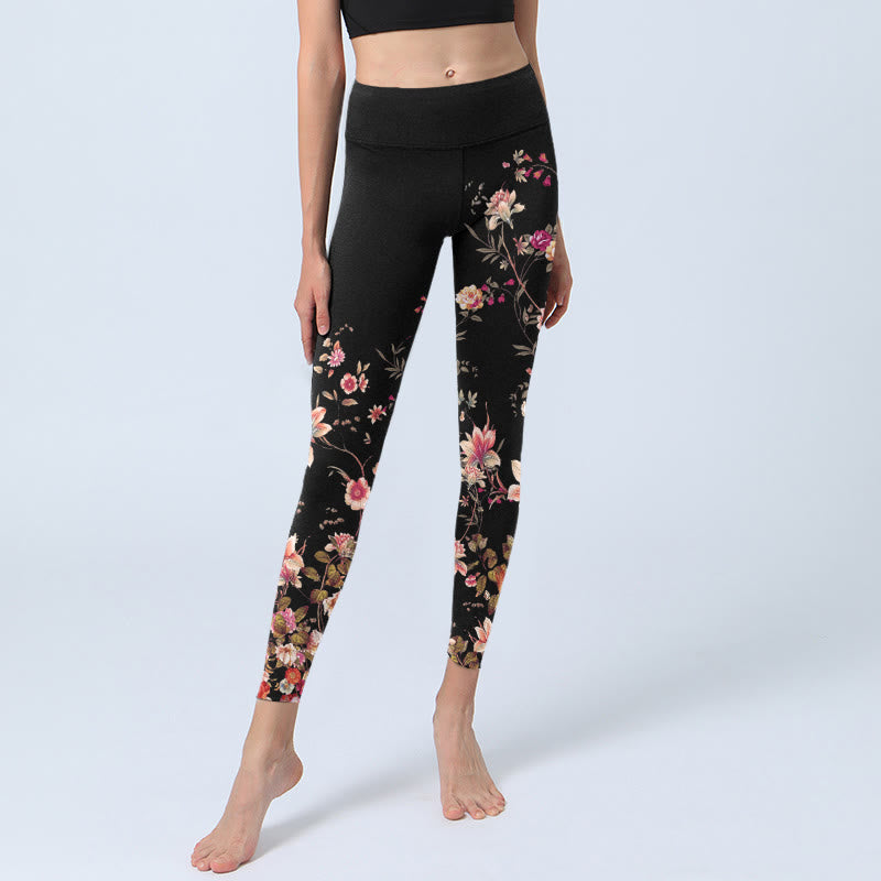 Leggings de yoga para mujer con estampado de flores beige y rosas rosas con Buddha Stones - image 5