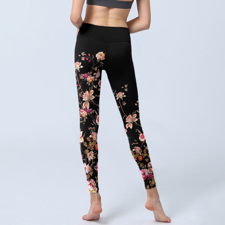 Leggings de yoga para mujer con estampado de flores beige y rosas rosas con Buddha Stones - image 6