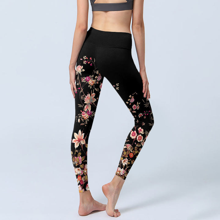 Leggings de yoga para mujer con estampado de flores beige y rosas rosas con Buddha Stones - image 4