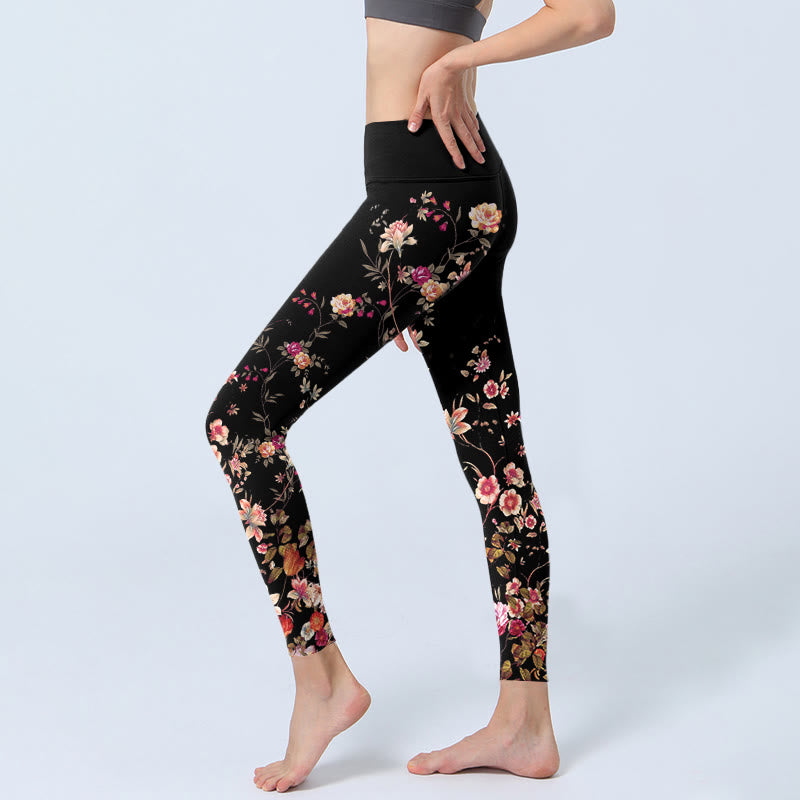 Leggings de yoga para mujer con estampado de flores beige y rosas rosas con Buddha Stones - image 2