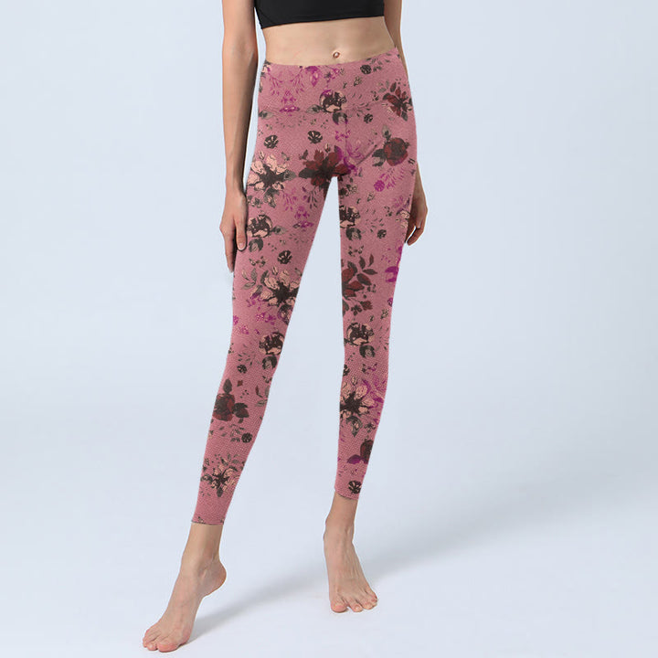 Leggings deportivos de fitness con estampado de rosas rojas y hojas rosadas y piedras de Buddha Stones para mujer - image 6