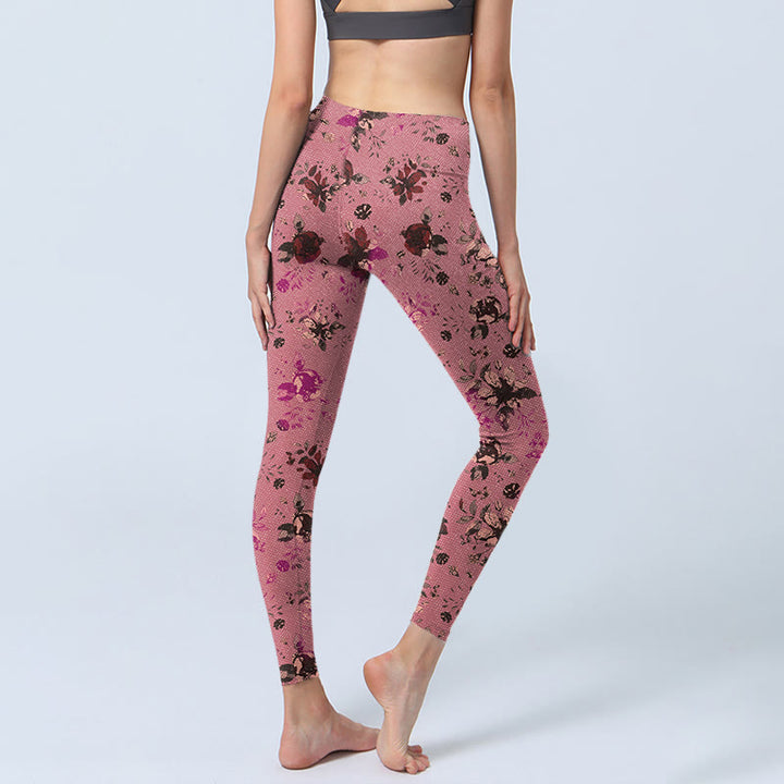 Leggings deportivos de fitness con estampado de rosas rojas y hojas rosadas y piedras de Buddha Stones para mujer - image 4