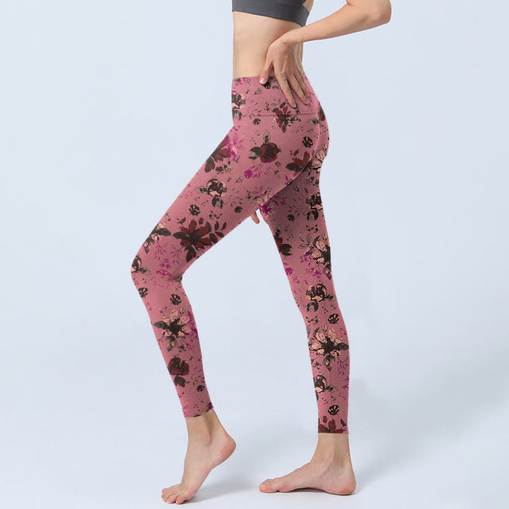 Leggings deportivos de fitness con estampado de rosas rojas y hojas rosadas y piedras de Buddha Stones para mujer - image 3