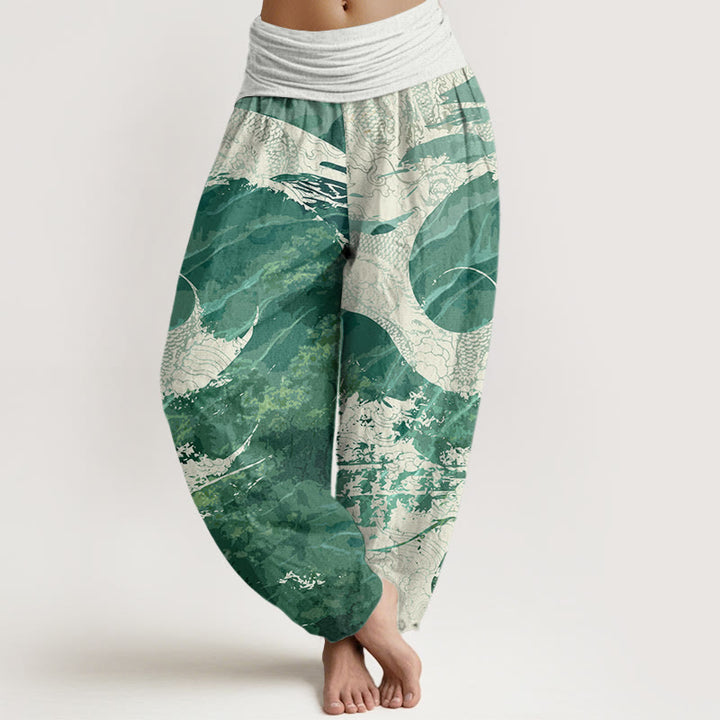 Pantalones harén con cintura elástica para mujer con diseño de Buddha Stones y bosque de dragones