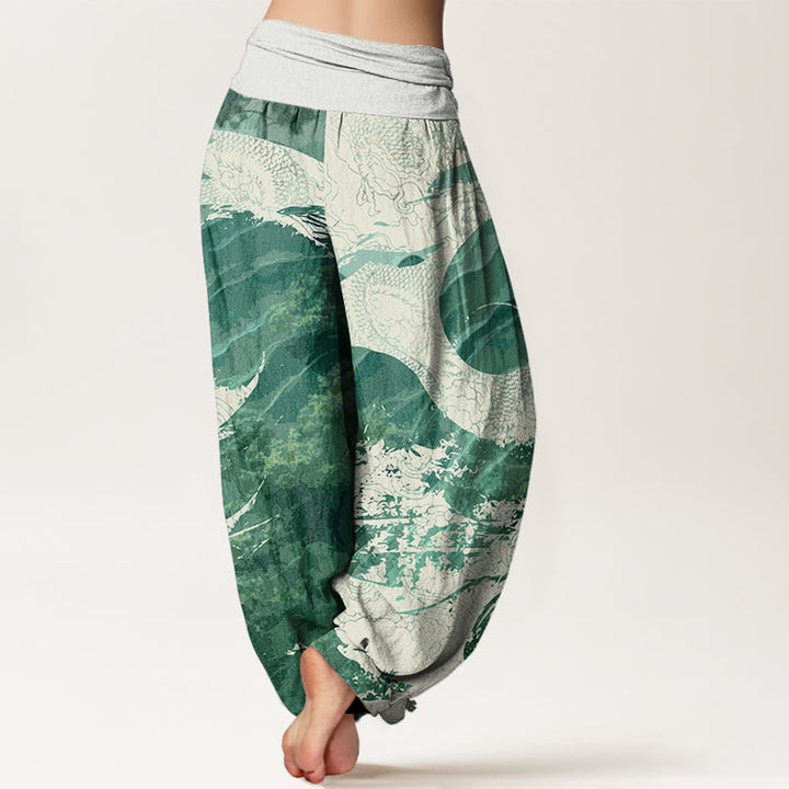 Pantalones harén con cintura elástica para mujer con diseño de Buddha Stones y bosque de dragones