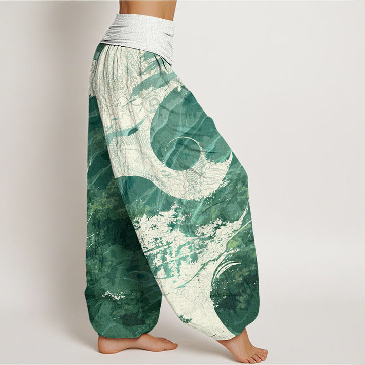 Pantalones harén con cintura elástica para mujer con diseño de Buddha Stones y bosque de dragones