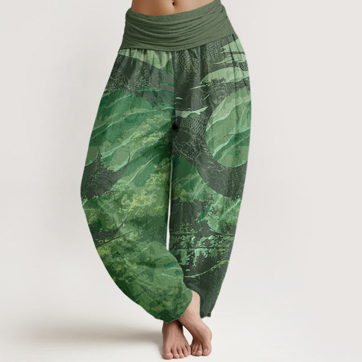 Pantalones harén con cintura elástica para mujer con diseño de Buddha Stones y bosque de dragones