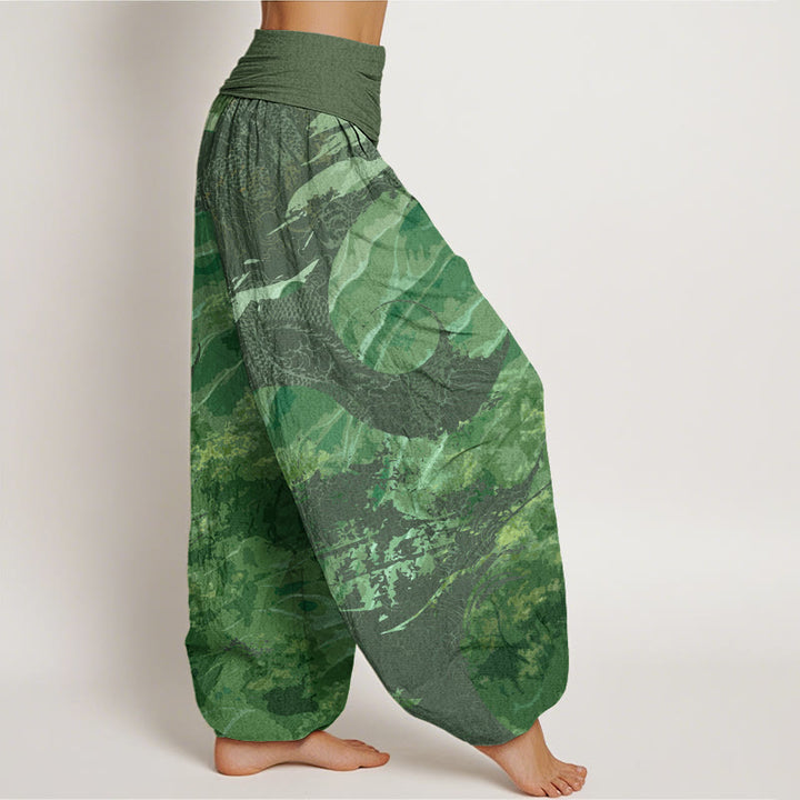 Pantalones harén con cintura elástica para mujer con diseño de Buddha Stones y bosque de dragones
