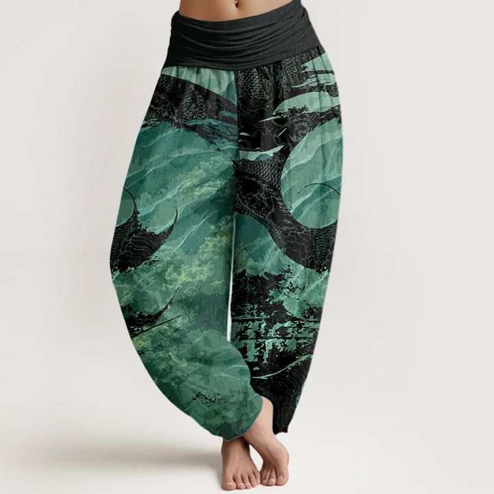 Pantalones harén con cintura elástica para mujer con diseño de Buddha Stones y bosque de dragones