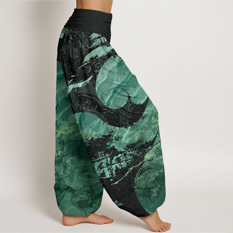 Pantalones harén con cintura elástica para mujer con diseño de Buddha Stones y bosque de dragones