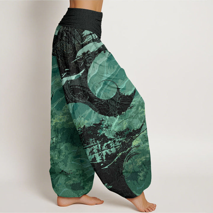 Pantalones harén con cintura elástica para mujer con diseño de Buddha Stones y bosque de dragones