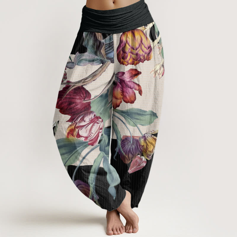 Pantalones bombachos de cintura elástica para mujer con diseño de tulipanes, hojas verdes y Buddha Stones, de algodón. - Negro - US22，UK/AU26，EU54 (6XL) - image 0
