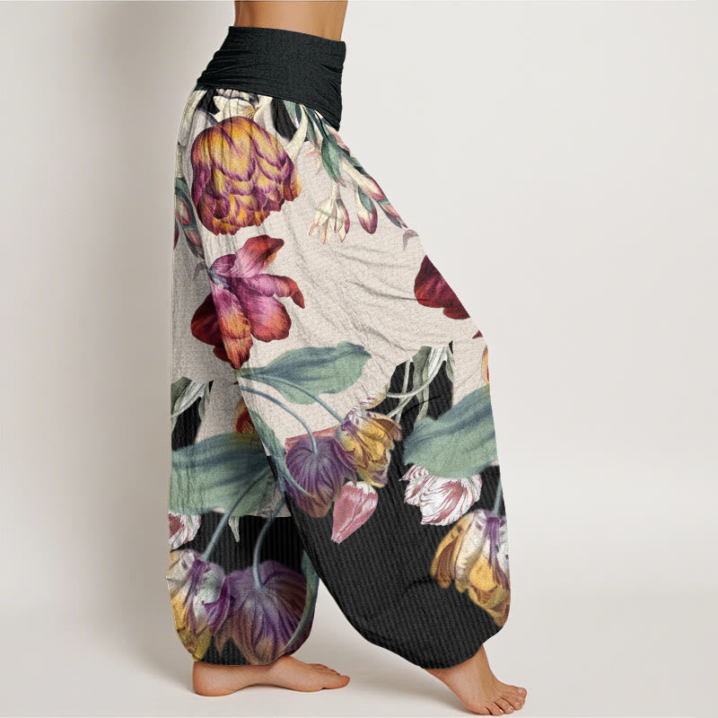 Pantalones bombachos de cintura elástica para mujer con diseño de tulipanes, hojas verdes y Buddha Stones, de algodón. - image 2