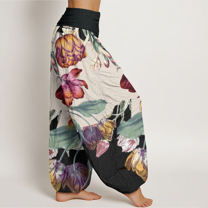 Pantalones bombachos de cintura elástica para mujer con diseño de tulipanes, hojas verdes y Buddha Stones, de algodón. - image 2