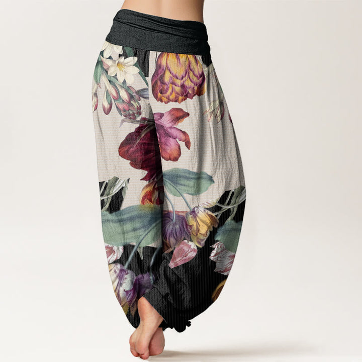 Pantalones bombachos de cintura elástica para mujer con diseño de tulipanes, hojas verdes y Buddha Stones, de algodón. - image 1